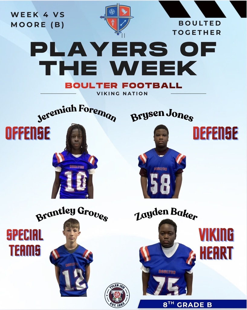 Players of the Week for Week 4 vs Moore, featuring images of four football players. Their names are Jeremiah Foreman, Brysen Jones, Brantley Groves, and Zayden Baker.