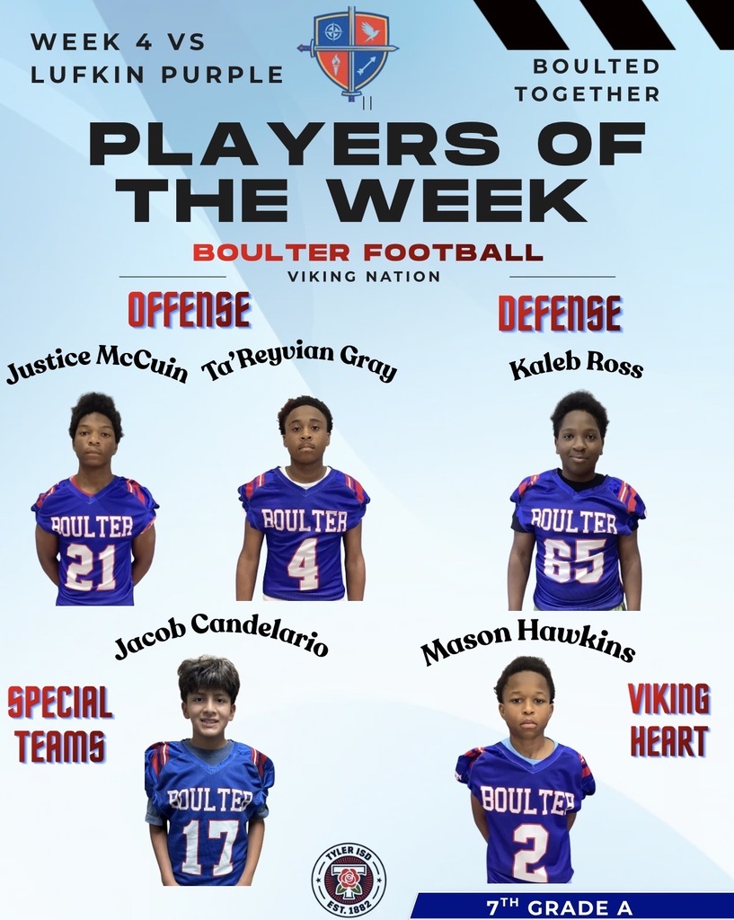 Poster showing five young athletes in blue jerseys. Names and roles are listed: Offense: Justice, To, Kaleb. Special Teams: Jacob, Mason.