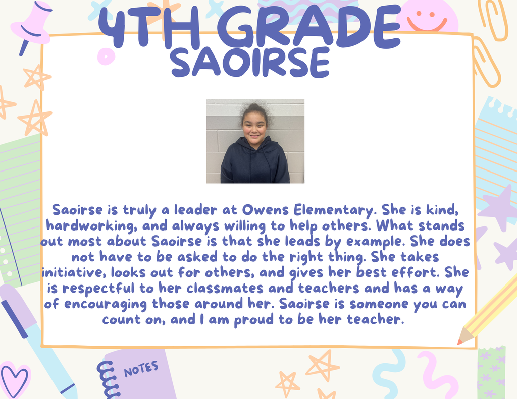4th Grade Student of the Month, Saoirse