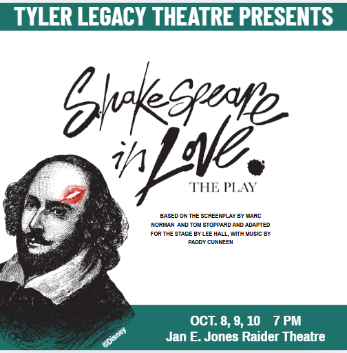 Poster for "Shakespeare in Love" with black and white image of Shakespeare and red lips. Text includes show dates and venue.