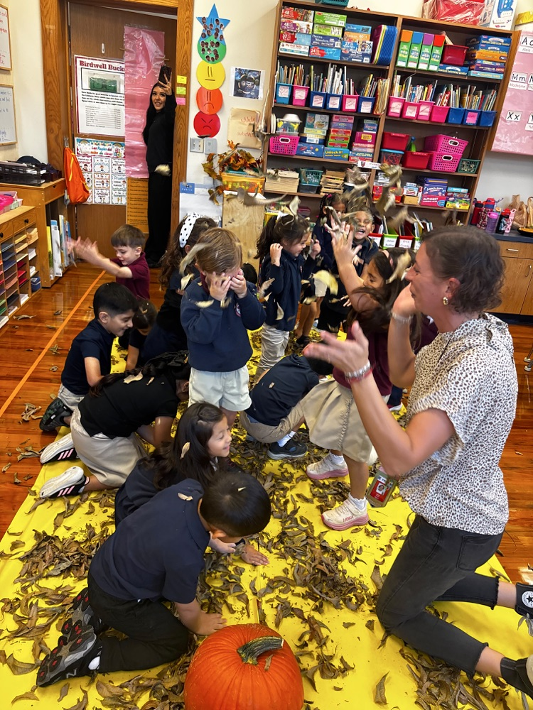 students playing in leaves