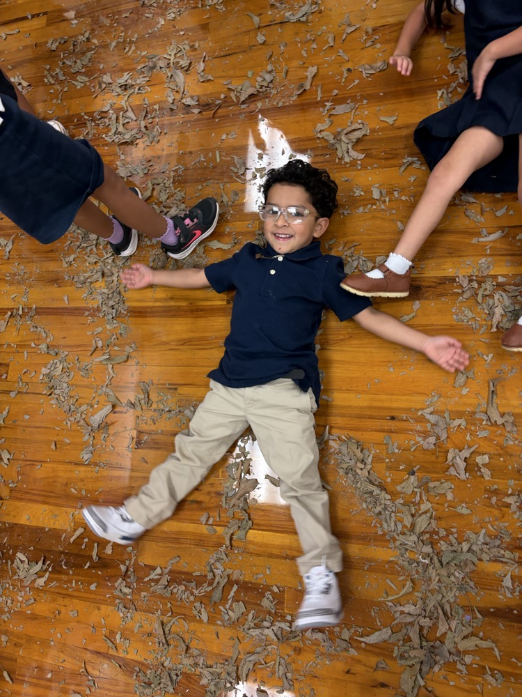 student making a snow angel in leaves