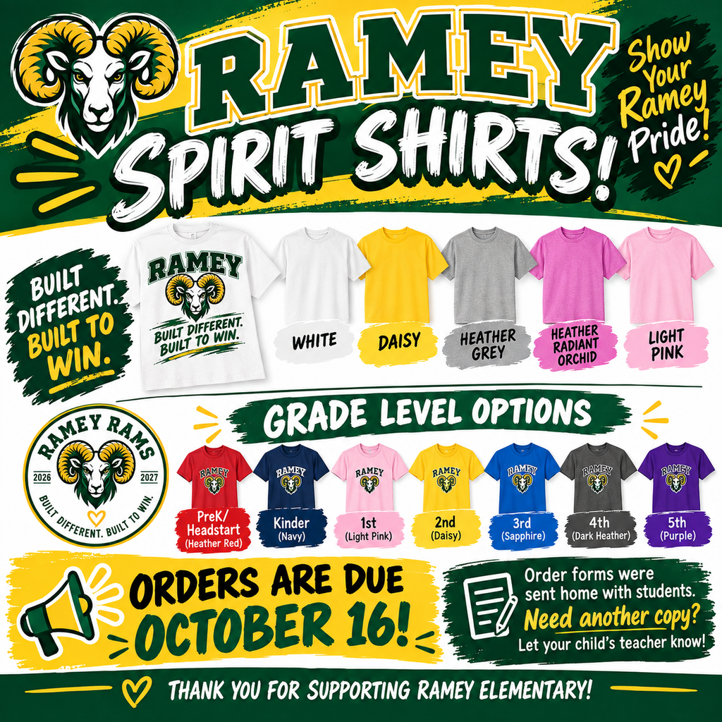 Poster for Ramey Spirit Shirts. Features a selection of colored shirts, including white, gray, and pink.