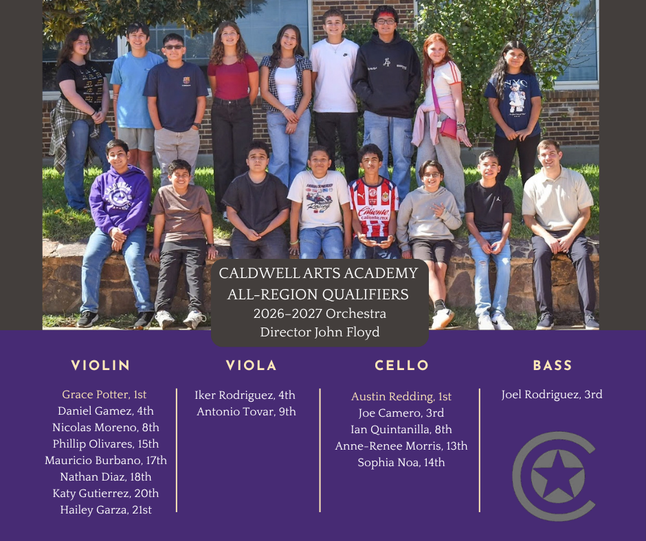 Group of students seated and standing on a stone wall, smiling for a photo. Text overlay reads "CALDWELL ARTS ACADEMY ALL-REGION QUALIFIERS 2020-2022".