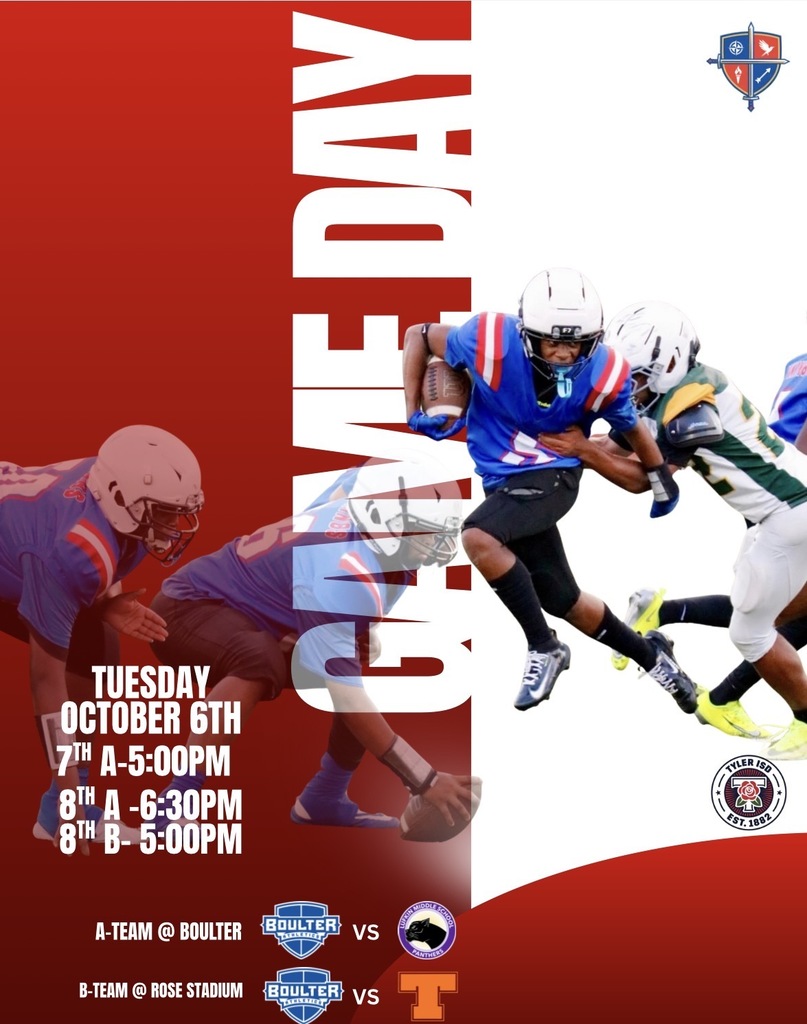 An advertisement features two teams of football players wearing helmets. It displays the words "Game Day" in bold white letters.We have our 7th & 8th A-Teams hosting the Lufkin Panthers (Gold) @ Boulter, and our 8th B-Team hosting Texas High (B) @ Rose Stadium. 7th B-Team does NOT have a game today. 7th A: 5:00pm 8th A: 6:30pm 8th B: 5:00pm