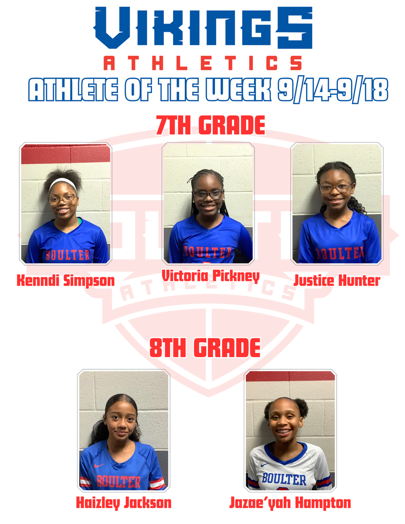 Five student athletes from 7th and 8th grades, all wearing blue uniforms, are listed for Vikings Athletics Athlete of the Week. Kenndi Simpson, Victoria Pickney, Justice Hunter, Haiizley Jackson, Jazae'yah Hampton