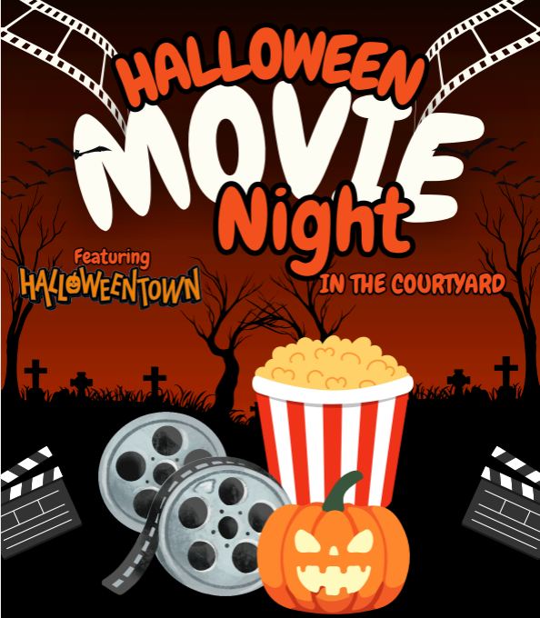 Halloween themed poster with the text "Halloween Movie Night" above a pumpkin and popcorn bucket.