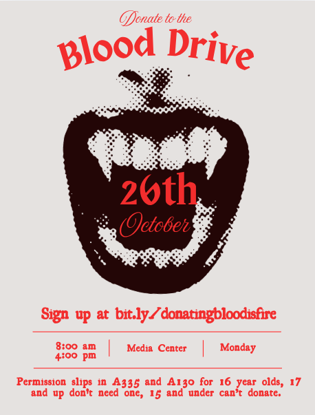 Poster for a blood drive, featuring a vampire mouth and a sign-up link. Date is October 26th.