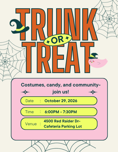 A poster with a spider web background. Text reads "Trunk or Treat" and details a date, time, and venue.