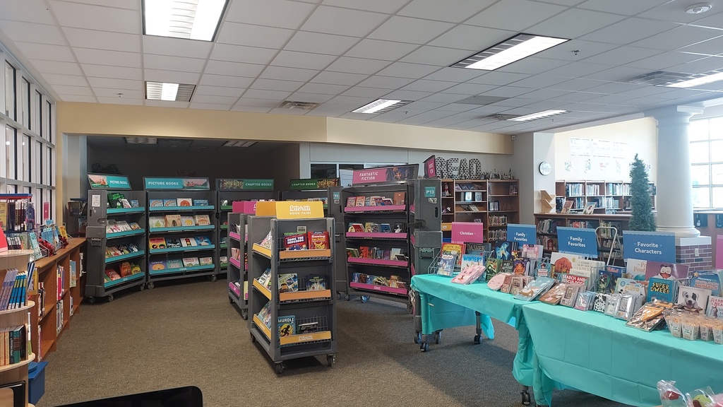 Shelves of books and toys for the Book Fair at the library.