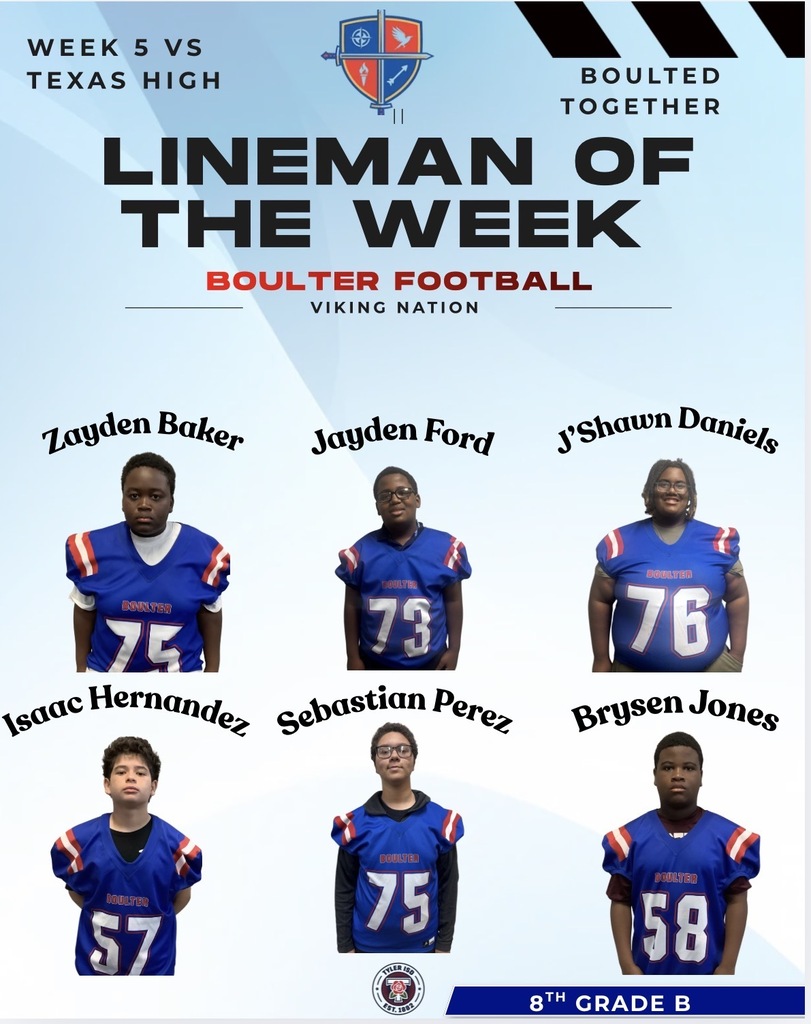 Six young football players wear blue jerseys with numbers. Text reads "Lineman of the Week". Zayden Baker, Jayden Ford, J'Shawn Daniels, Isaac Hernandez, Sebastain Perez, Brysen Jones. They are a part of the 8th grade B team
