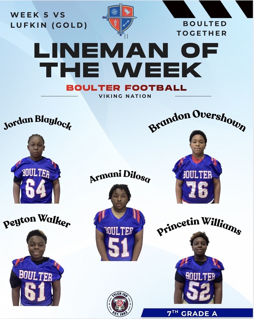A poster shows five football players in blue jerseys with numbers. Names are listed Jordan Blaylock, Armani Dilosa, Brandon Overshown, Peyton Walker, Princetin Williams. A header reads "Lineman of the Week." They are a part of the 7th grade A team