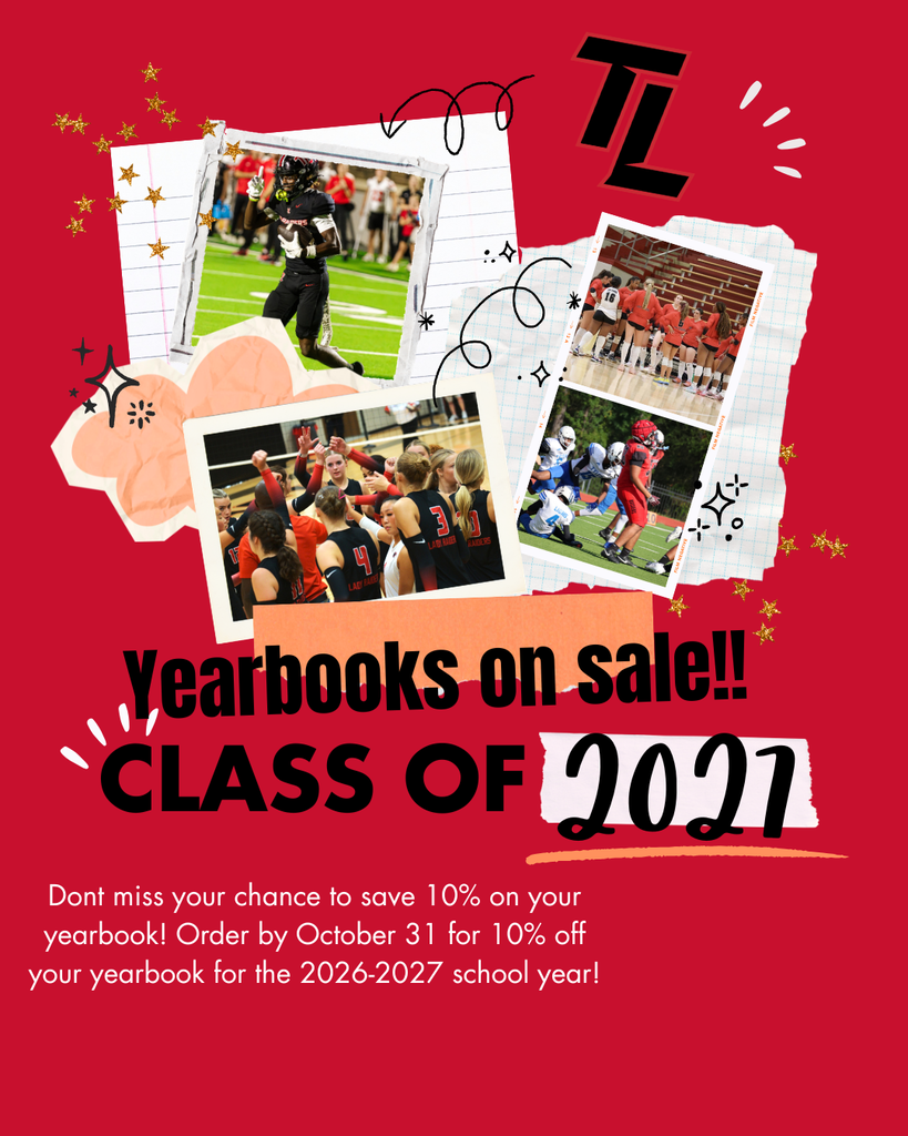 A red background displays several photos of football players. Text reads "Yearbooks on sale! Class of 2021."