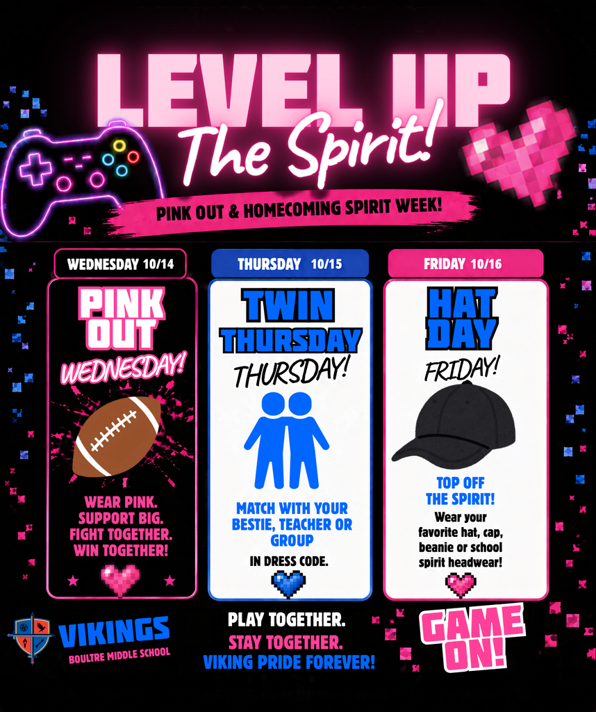 Bright neon-themed Boulter Middle School Homecoming Spirit Week poster titled “Level Up the Spirit!” featuring a gaming design with a glowing game controller and pixelated hearts. The schedule includes: Wednesday, October 14 - Pink Out Wednesday: Wear pink to support the fight against cancer; Thursday, October 15 - Twin Thursday: Dress alike with a friend, teacher, or group while following dress code; Friday, October 16 - Hat Day: Wear a favorite hat, cap, beanie, or school spirit headwear. The poster uses black, pink, and blue colors with the Vikings logo and the slogans “Play Together. Stay Together. Viking Pride Forever!” and “Game On!” at the bottom.