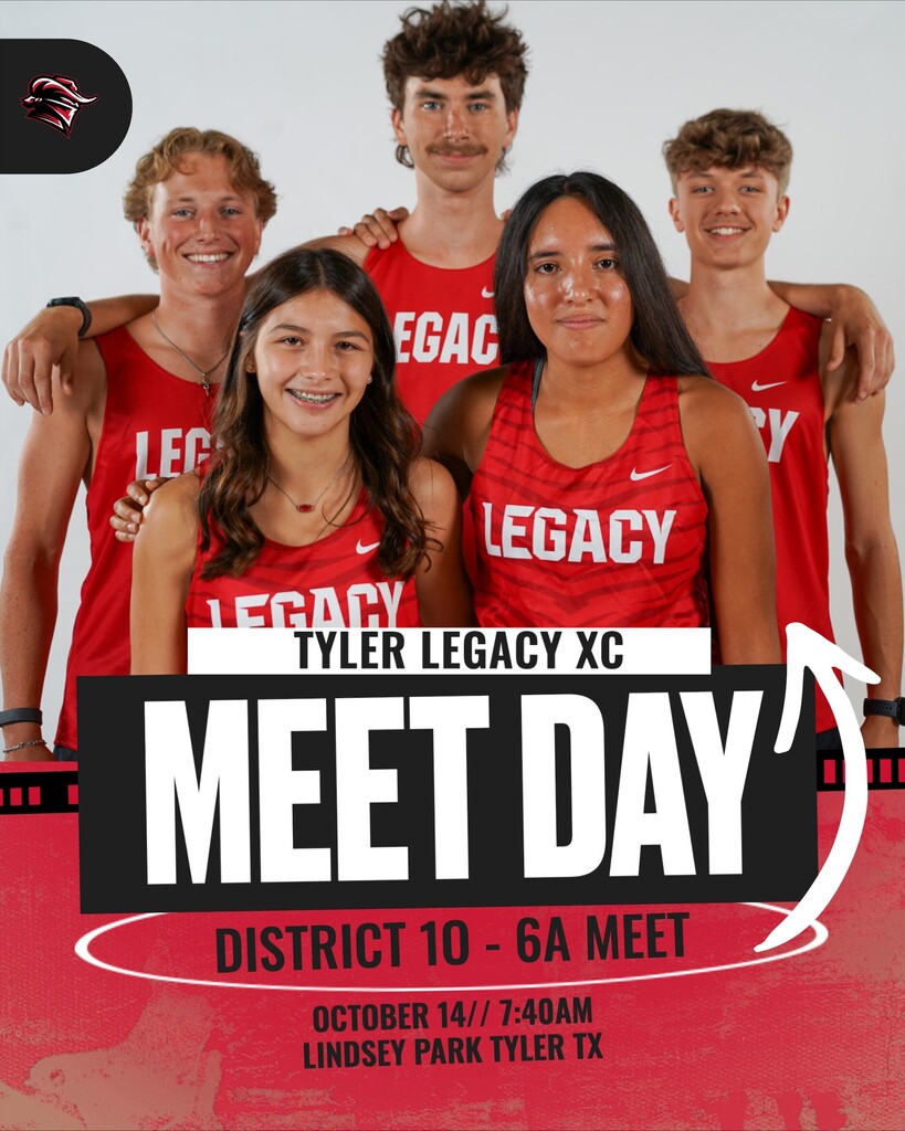 Poster for Tyler Legacy XC Meet Day. Five people wearing red shirts stand close together, smiling.