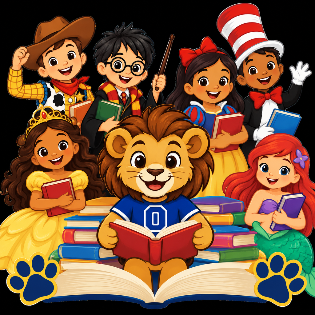 an orr lion cub holding an open book with storybook characters around the lion cub. 