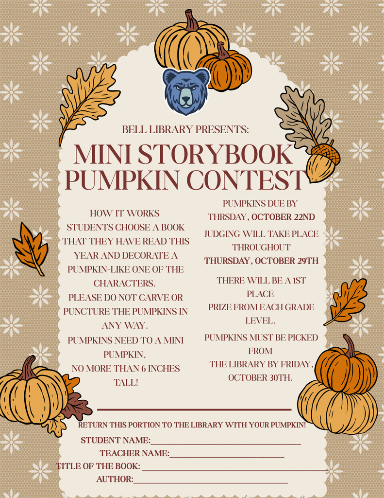 A flyer for a pumpkin contest featuring a blue bear, pumpkins, and leaves. Text details contest rules and dates.