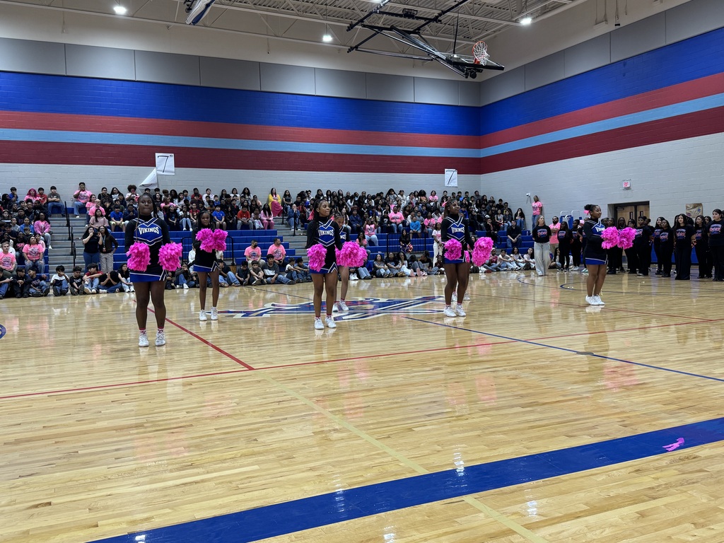 Group of cheerleaders performing on a basketball court in front of a crowd seated in bleachers.