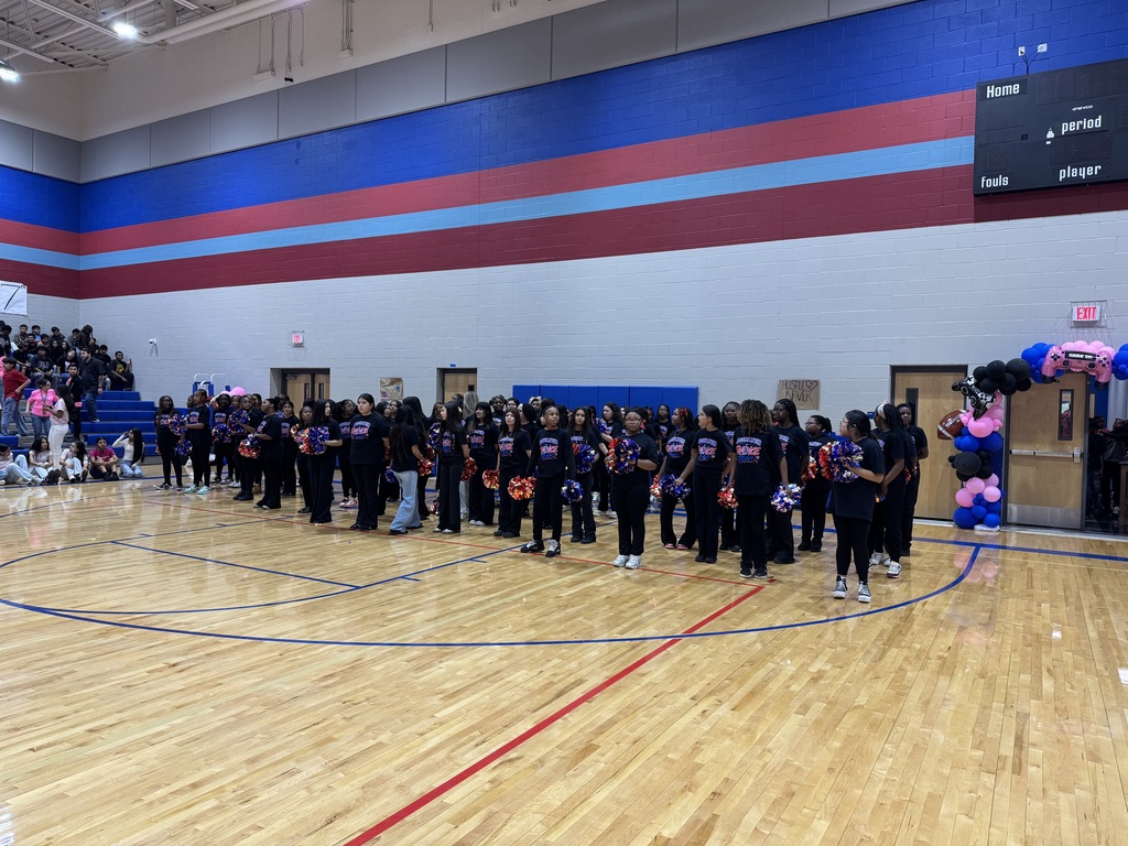 A basketball court with a group of people in black shirts standing in a line.