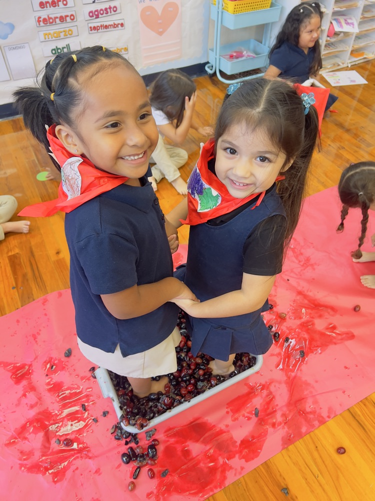 two children stepping on grapes and a white bucket