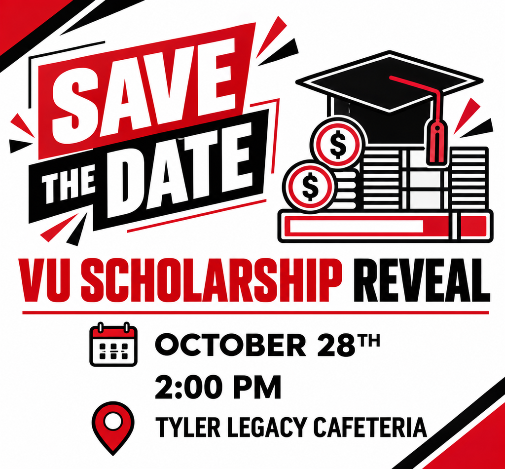 Scholarship announcement with graduation cap, tassel, money stack, calendar icon, date, time, and location.