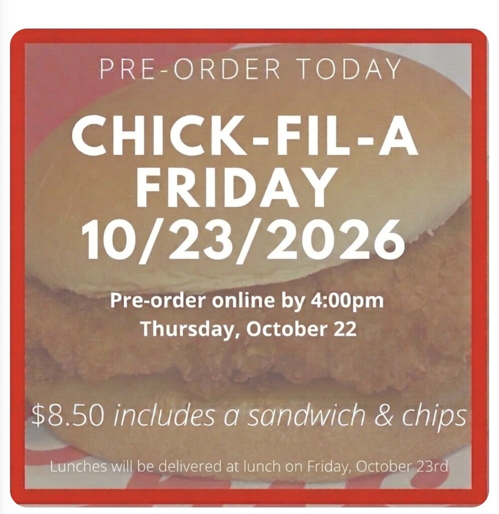 Advertisement for Chick-Fil-A Friday with a sandwich and chips. The sandwich is placed over a red square with white text.