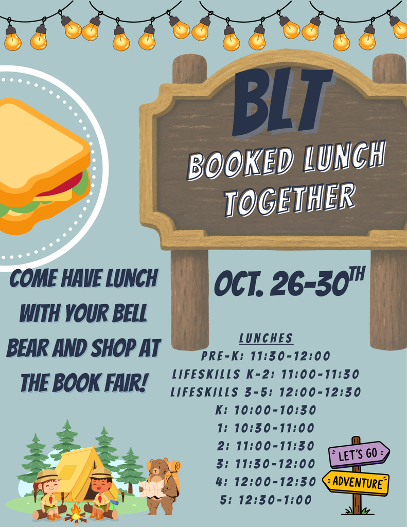 A poster with blue background and illustrations of a sandwich, children, and a sign that reads BLT Booked Lunch Together.