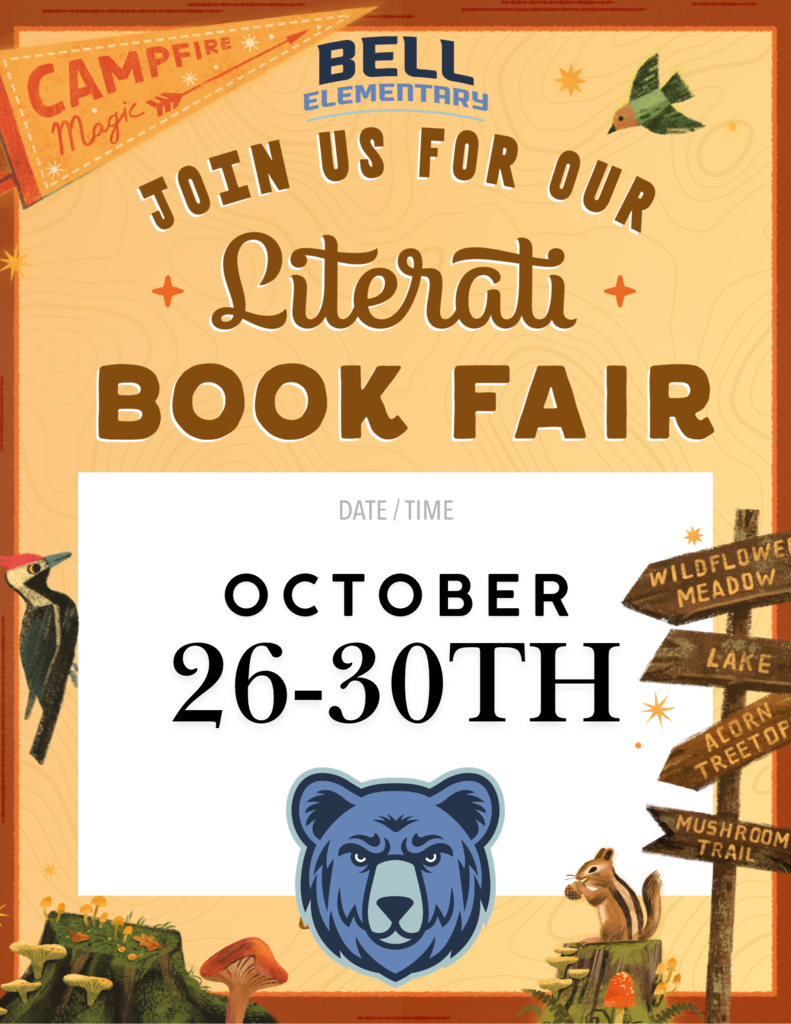 Event flyer with illustration of blue bear, birds, mushrooms, and forest signs. Text reads "Join us for our Literati Book Fair, October 26-30th."