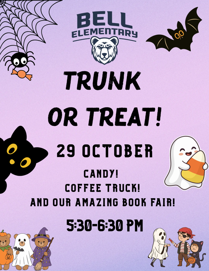 Purple poster with Halloween characters and text "Trunk or Treat! 29 October, 5:30-6:30 PM."