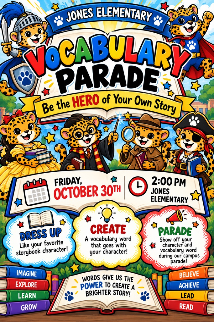 Colorful cartoon characters and open books. Text reads "VOCABULARY PARADE" and "Be the HERO of Your Own Story."