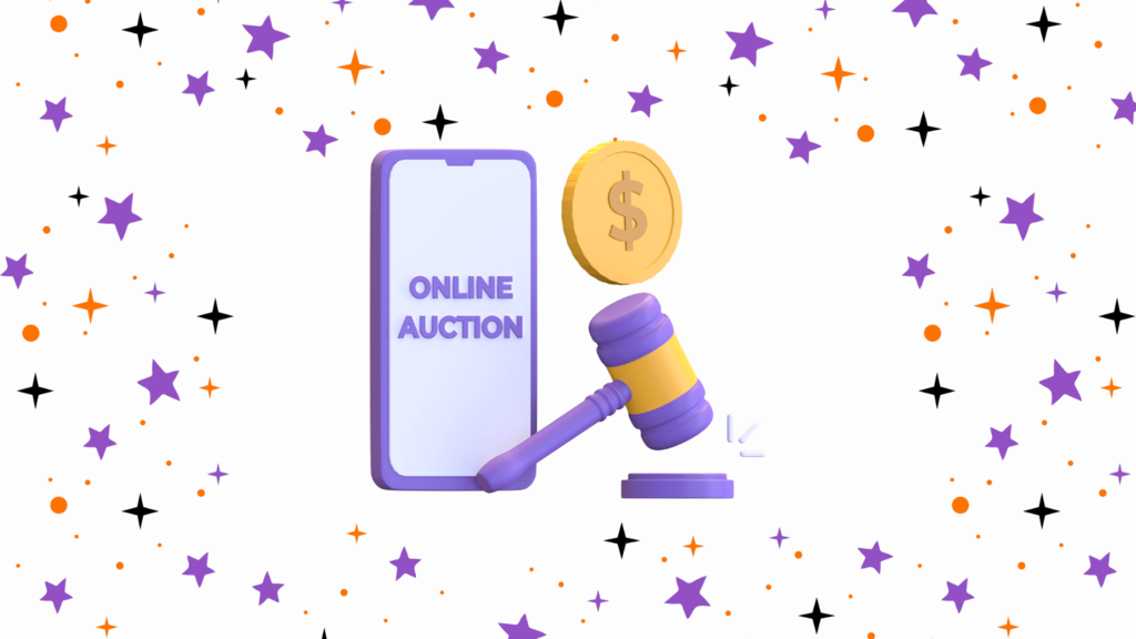 silent auction graphic with phone, coin, and gavel