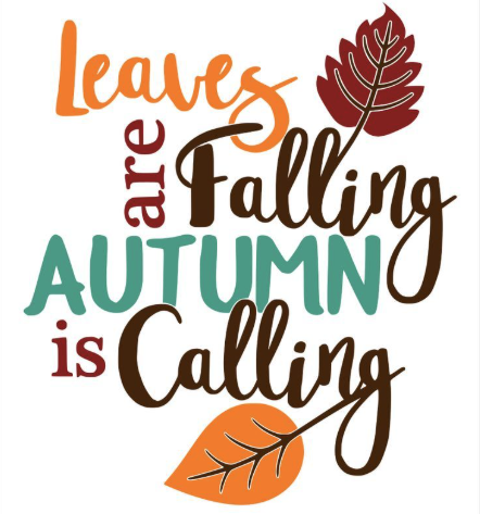 Text in various colors and fonts, with leaves and autumn-themed graphics, on a white background.