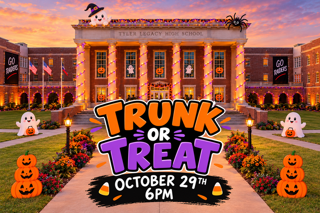 Large building with pumpkins, spiders, bats, and lights. Pumpkins in front with "Trunk or Treat" on top.