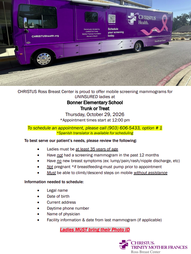 CHRISTUS Ross Breast Center mobile mammogram event at Bonner Elementary on October 29, 2026. Appointments begin at noon. Full eligibility requirements and scheduling information are included in this post.