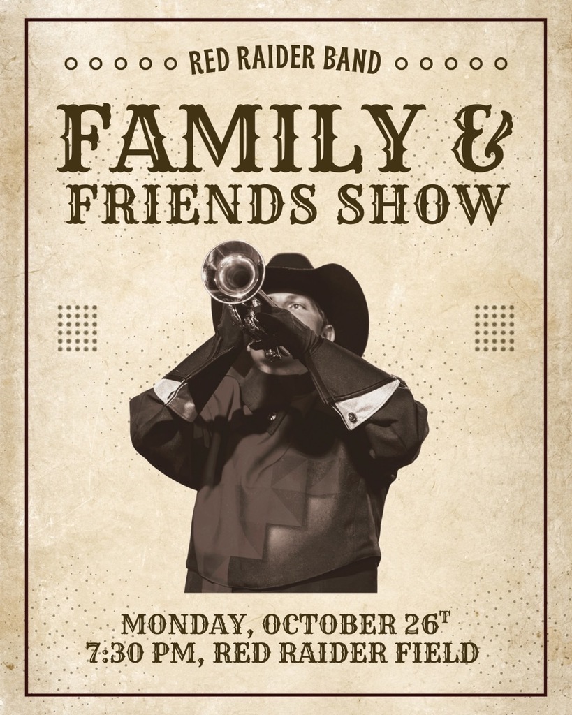 Poster with a vintage filter featuring a band member playing a trumpet with text "Family & Friends Show" at the top.