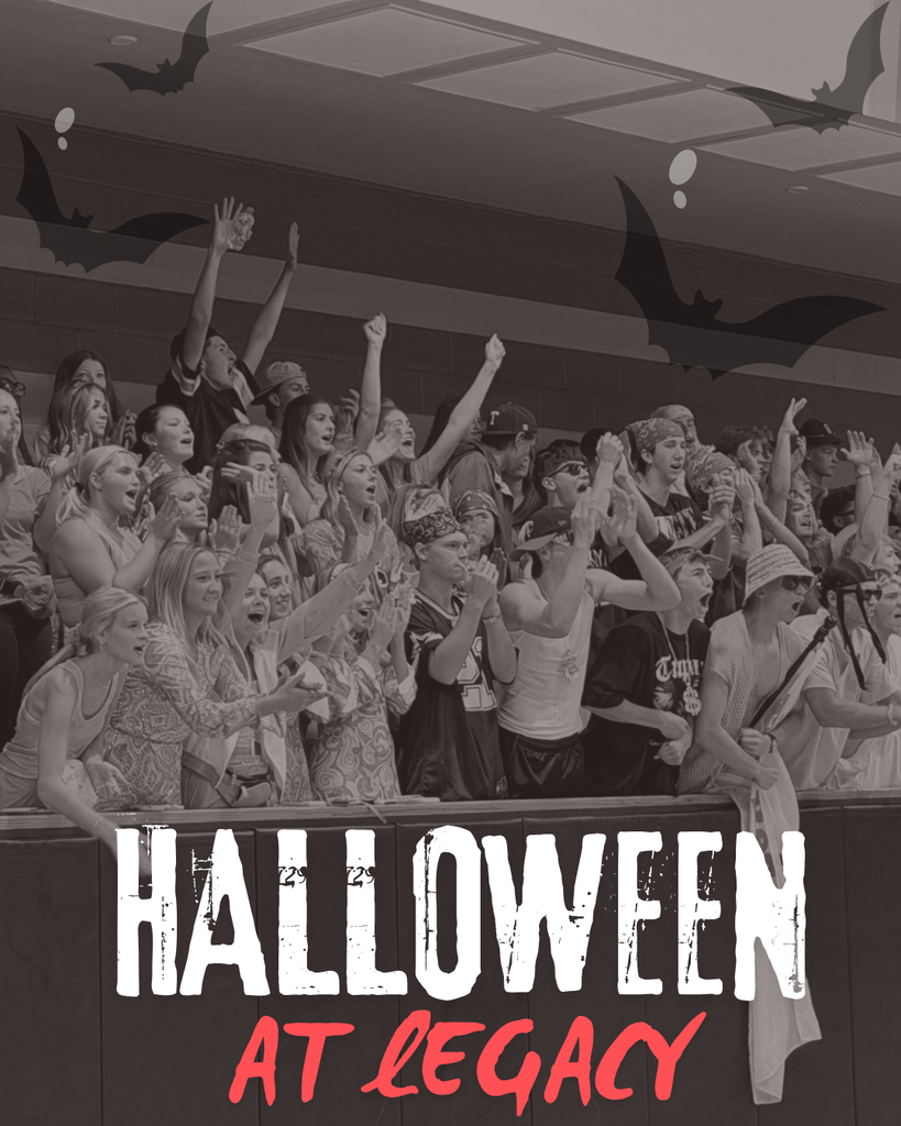 Crowd of students cheering at a school event. Text overlay reads "Halloween at Legacy".
