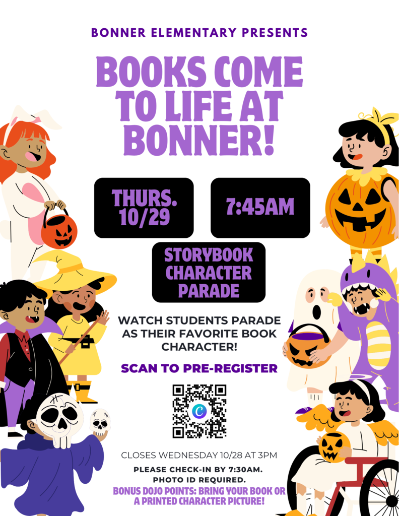 Children in costumes parade, holding pumpkins and wearing masks. A QR code is present for pre-registration.