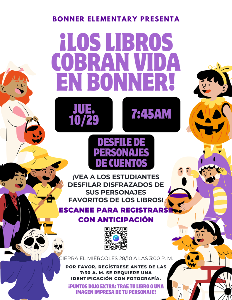 Children in Halloween costumes and pumpkins on flyer. QR code for registration. Text in Spanish.