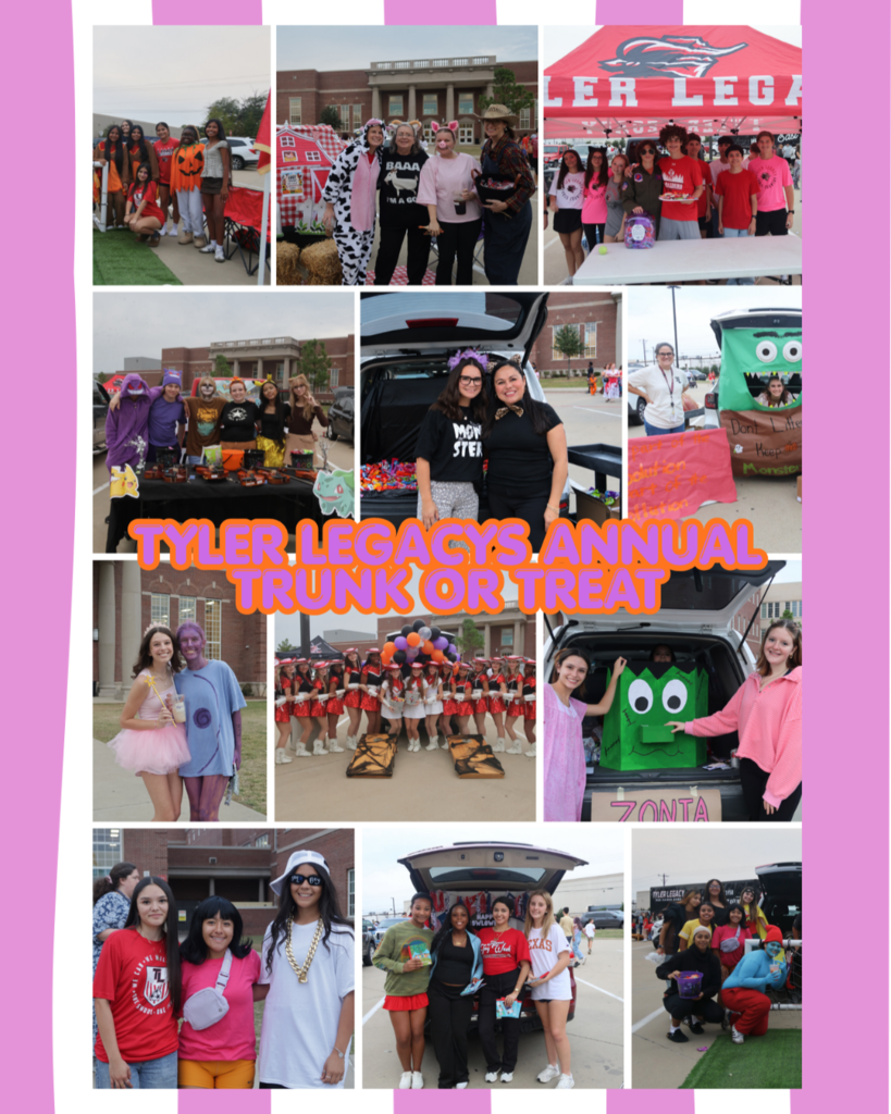 Nine photos collage of students in costumes and decorated cars during an outdoor event.