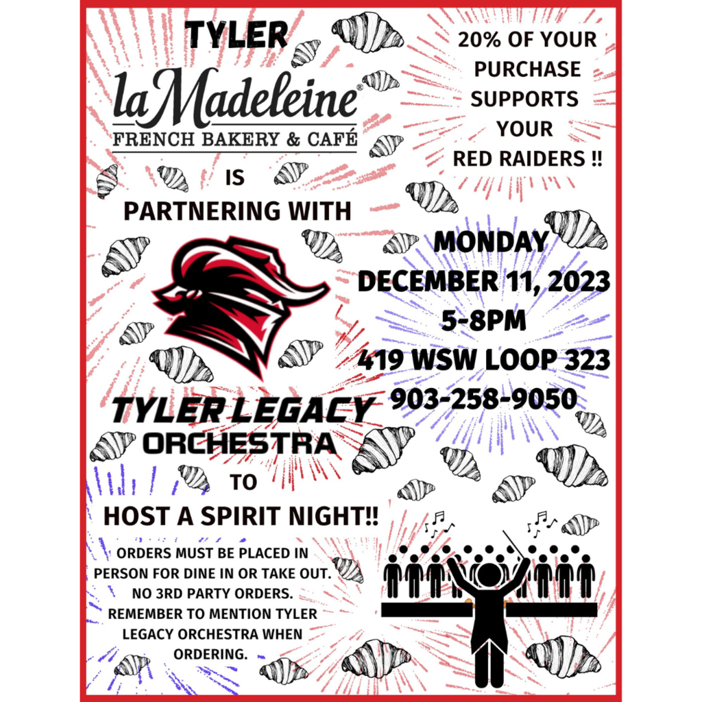 Your Legacy HS Orchestra is hosting a spirit night at La Madeleine on Dec 11 from 5-8pm. Show this flyer or mention Legacy HS Orchestra with your order. Thank you for your support!