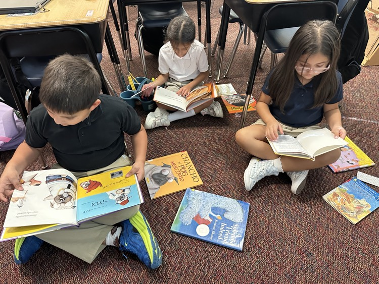 students reading books in class