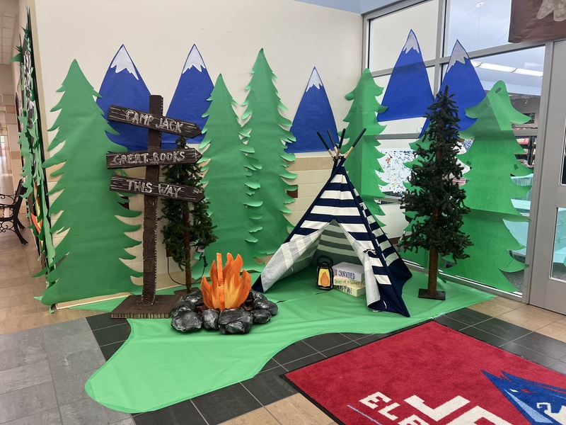 Campfire book fair decorations in front of the library
