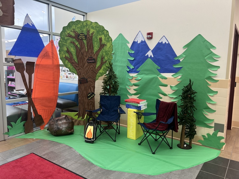 Campfire book fair decorations in front of the library