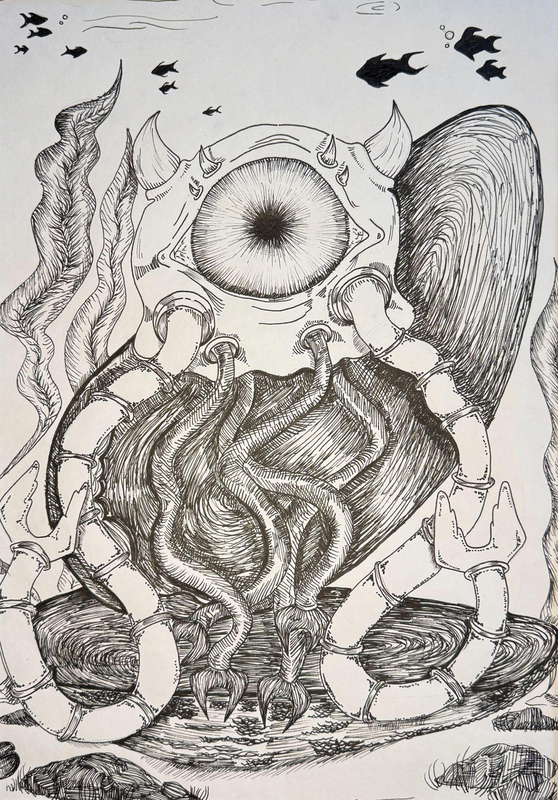 pencil drawing of an octopus underwater