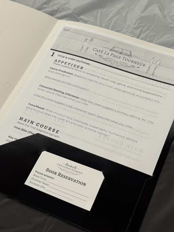 book tasting worksheet that resembles a restaurant menu