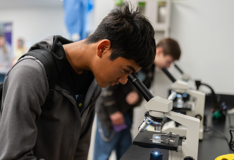 teen boys looking through microscopes
