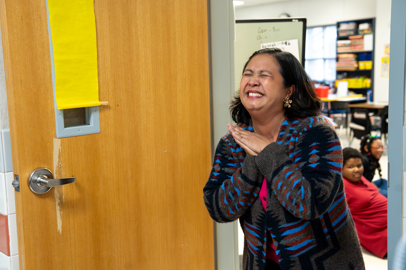 woman with excited expression on her face