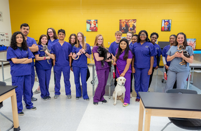 teens in classroom holding kitten, snake, and dogs