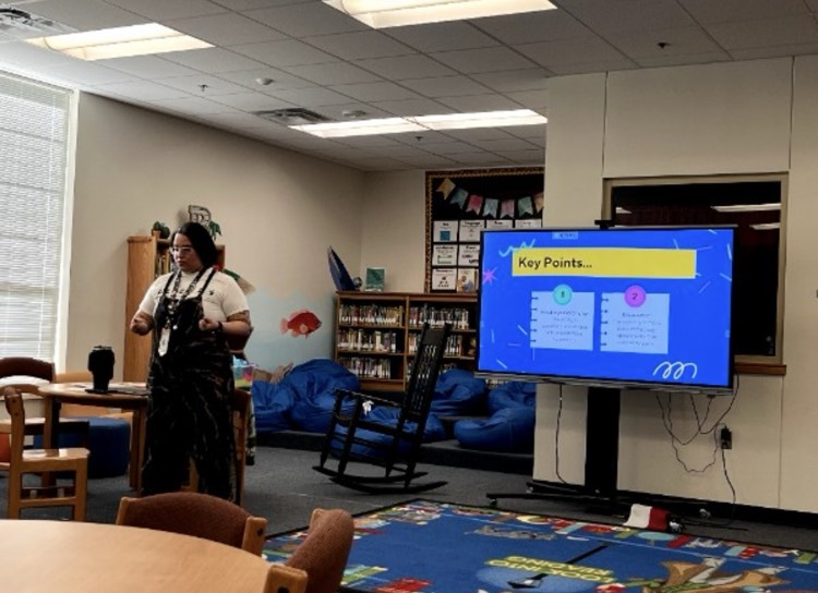 Vargas at front of library