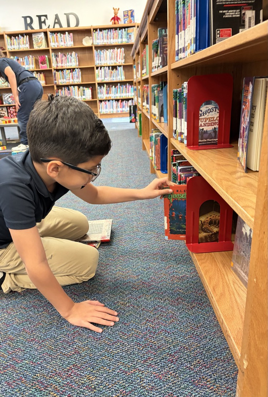 kid getting books off shelves